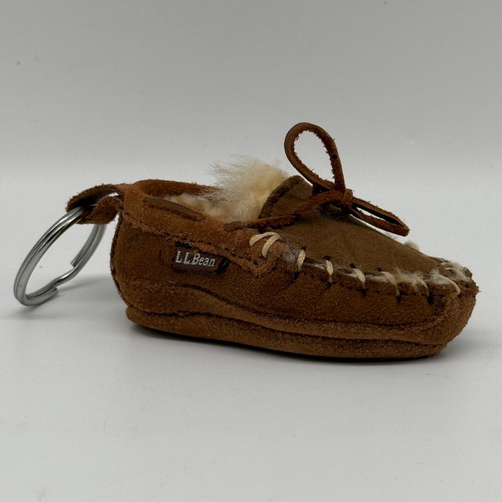 Vintage LL Bean Moccasin Keychain Brown Suede Shearling Mini Slipper Charm
